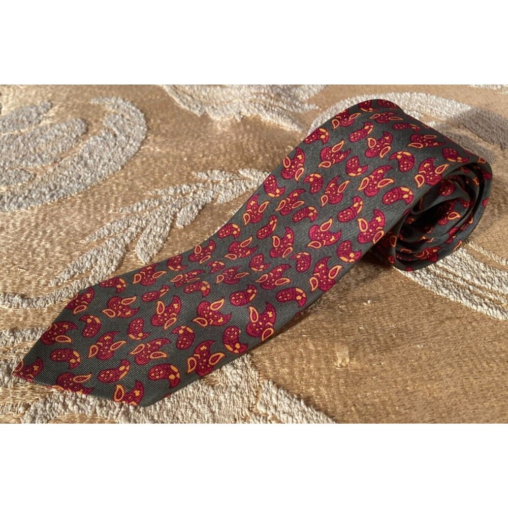 Vintage 50s Necktie 1950s Olive Green Paisley Retro Made in Italy Hipster Tie